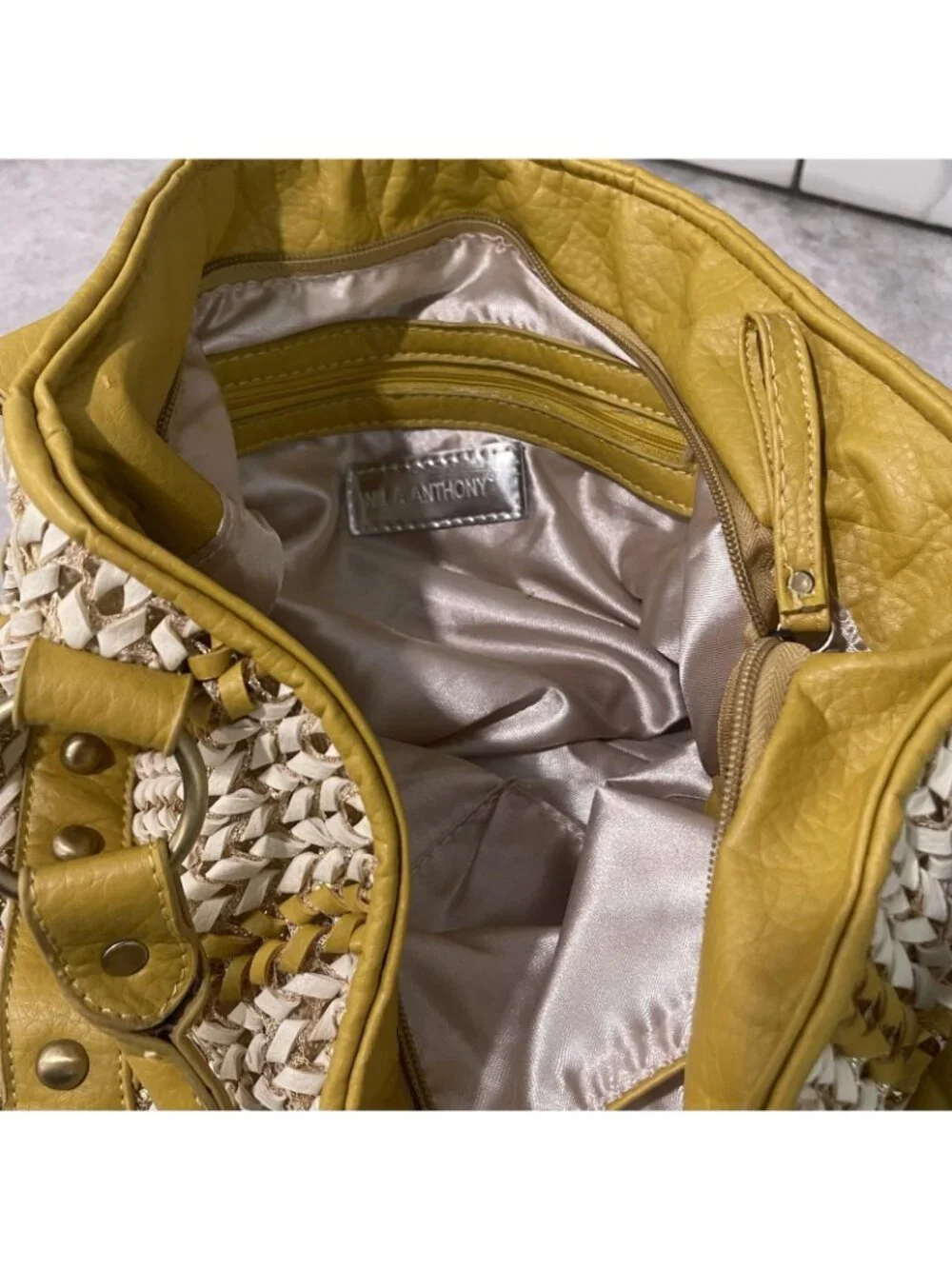 Nila Anthony Hobo Bag Womens Large Gold Striped Faux Leather Studded Shoulder